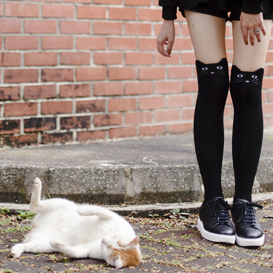 Meowy Christmas outfit: Black knee high cat socks, Mango black leather sneakers.