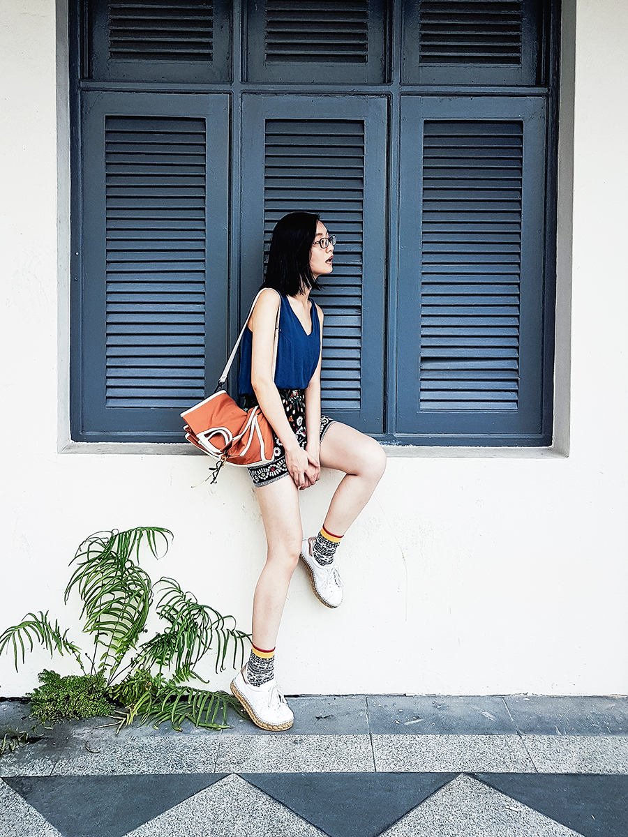 Windowsill outfit: Zalora chain-back top, Shein embroidery miniskirt, Rawrow canvas slingbag via Zalora, Firmoo red glasses, Sammy Icon printed socks, Kurt Geiger Lovebug leather sneakers.