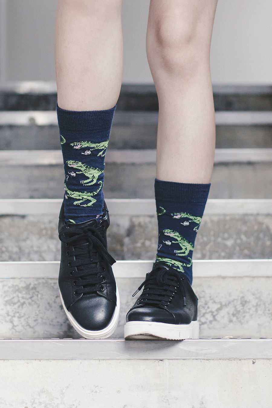 Punny outfit: Tea-rex socks, Mango leather sneakers.
