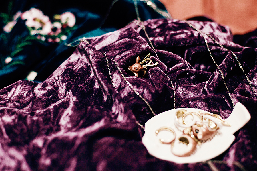 Lunar New Year outfit: Zaful fuschia Crushed Velvet Midi Cami Slip Dress, Zaful silver Triangle Body Chain, Gamiss peacock blue Velvet Embroidered Bomber Jacket.